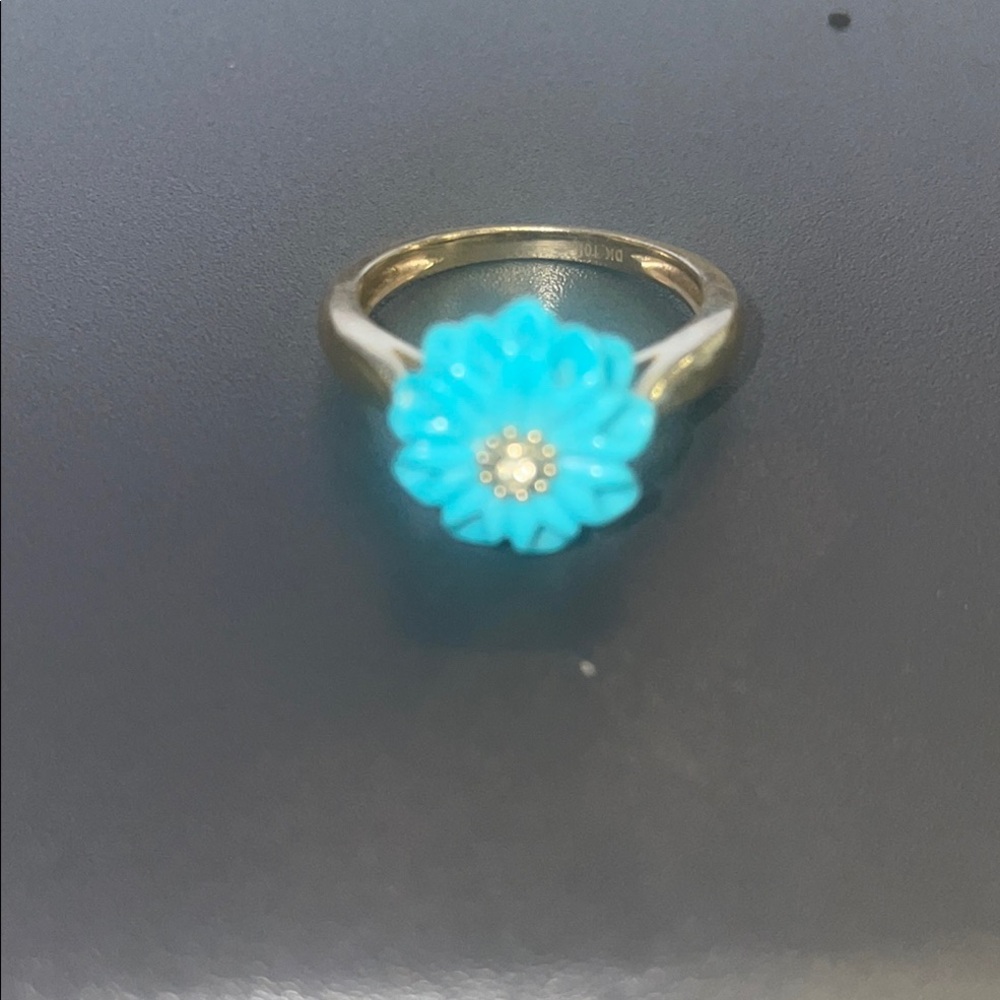 Gold  10 K Sleeping BeautyTurquoise Flower Ring w/Yellow Diamond Accents Size 7 - Picture 3 of 10